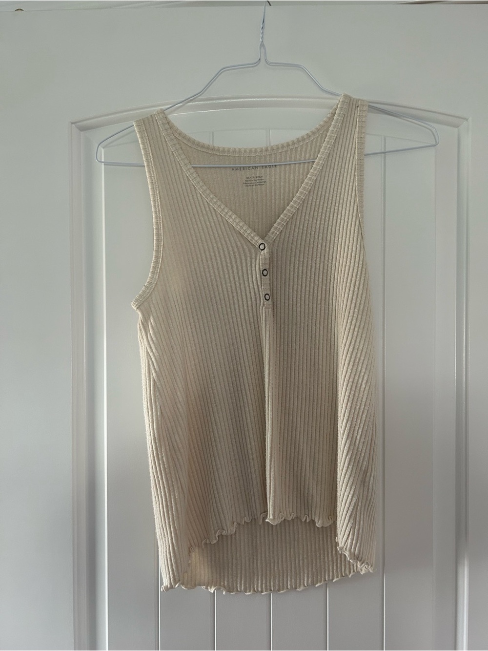 American Eagle Outfitters Cream Ribbed V-Neck Tank with Button Detail